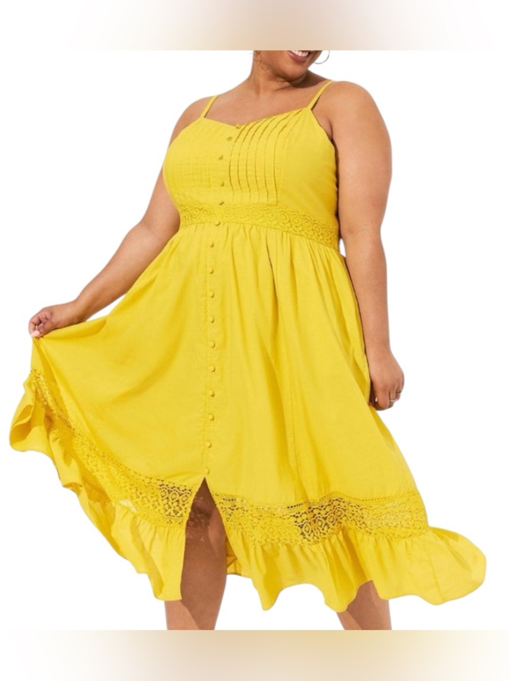 Torrid Yellow Spaghetti-Strap Ruffle Hem Contrast Crochet Smocked Midi Dress